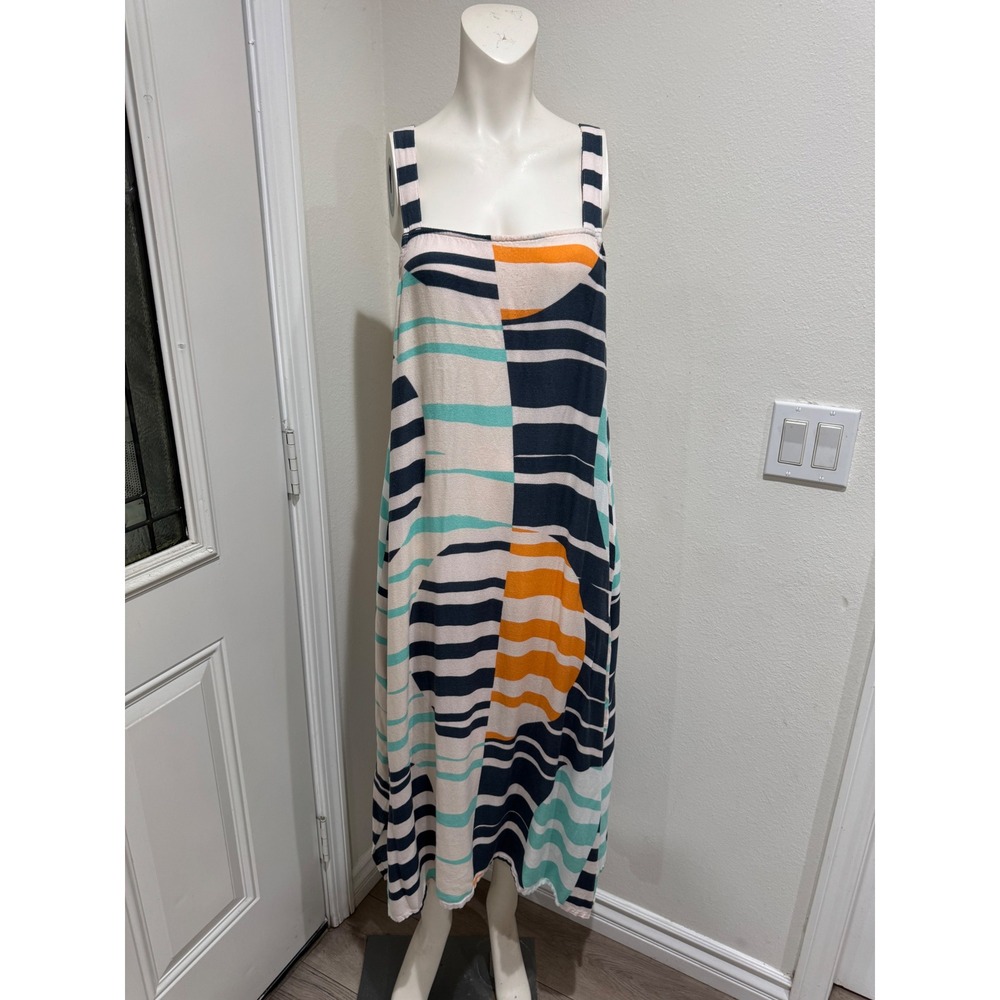 O'Neill Women Geometric Stripe Midi Dress Navy Orange Teal Sleeveless Summer L